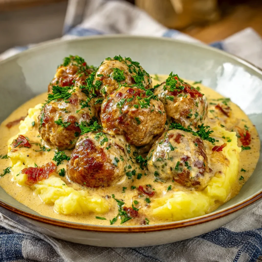 Saftige Hackbällchen in cremiger Sauce mit Kartoffelpüree