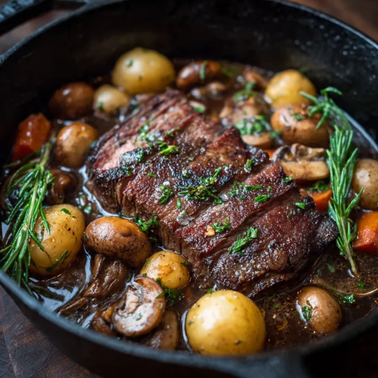Klassisches französisches Steak Bourguignon – zart geschmortes Rindfleisch in kräftiger Rotweinsauce mit Pilzen und Kräutern.